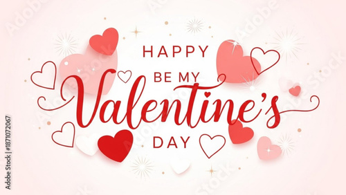 Happy be my valentines day greeting card with red hearts on pink background for love and romance with Valentine s Day and Be Mine