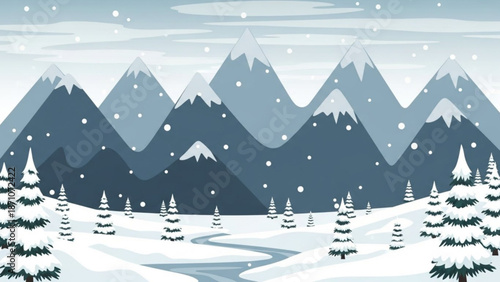 Snowy mountain landscape with pine trees and winding river in winter wonderland scene with snowfall with serene scene and cold with frozen