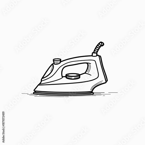 Simple iron illustration in black and white on flat surface  