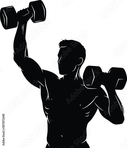 Muscular silhouette of an athletic man performing a dumbbell shoulder press or bicep curl exercise for intense strength training workouts