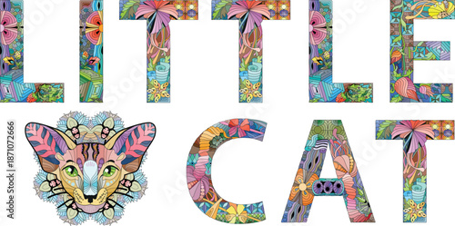 Words LITTLE CAT. Vector zentangle object for decoration