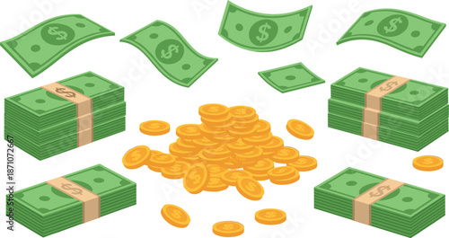 Money cash and gold coins illustration set showing flying banknotes, stacked bills, wealth accumulation, financial success, investment profit, and business revenue concepts