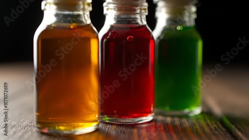 Wallpaper Mural three small glass bottles filled with colorful liquids on a wooden surface in a dark room Torontodigital.ca