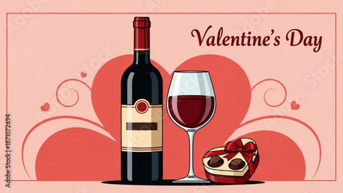 A valentine's day celebration setup with a bottle of red wine a full wine glass and a chocolate covered heart shaped dessert with love