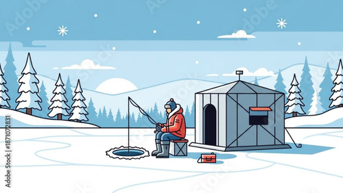 Man in orange jacket ice fishing alone in snowy landscape with hut with winter and frozen lake and solo and leisure and recreation