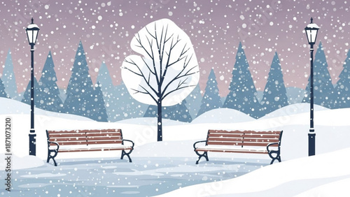 Snowy winter scene with two benches and street lamps in a serene landscape with trees and snowfall with frosty and cold with peaceful