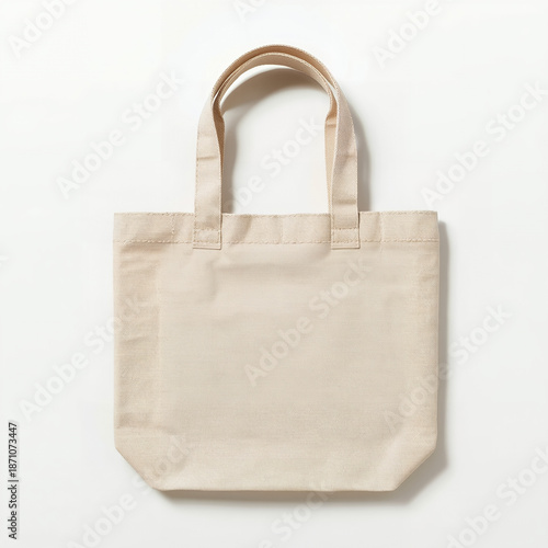 Blank Beige Canvas Tote Bag Mockup on White Background - Sustainable Eco-Friendly Reusable Cotton Shopping Bag Flat Lay for Branding and DIY Crafts