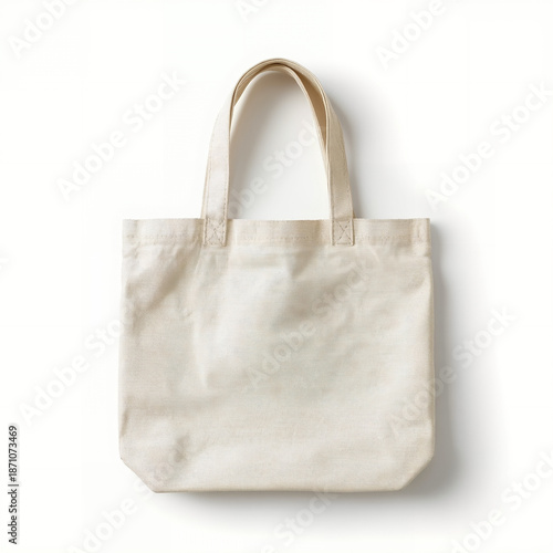 Blank Beige Canvas Tote Bag Mockup Isolated on White Background - Eco-Friendly Reusable Cotton Shopping Bag Flat Lay for Branding and Custom Design