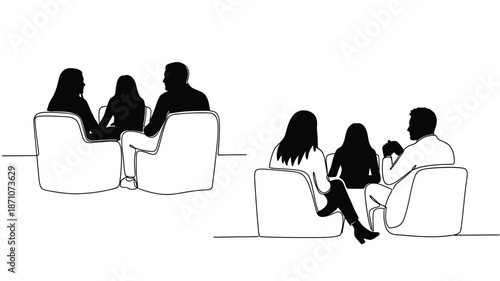 Silhouettes of people in conversation seated in modern chairs depicted in a minimalist style