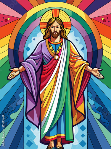 Jesus real, full body , Stained Glass Style , rainbow color