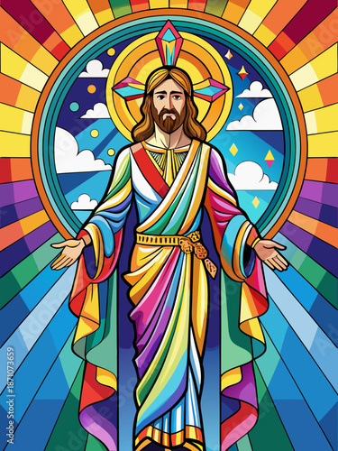 Jesus real, full body , Stained Glass Style , rainbow color