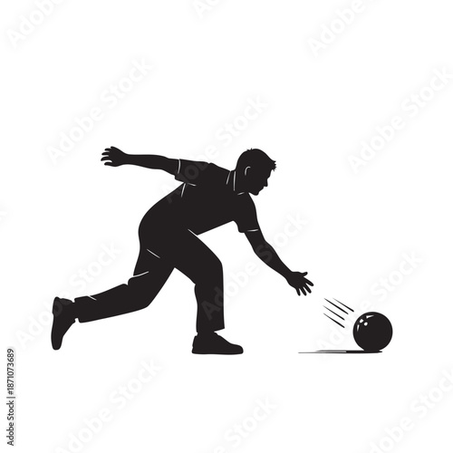 A male bowler in action, throwing a bowling ball down the lane, dynamic pose silhouette isolated on a white background, perfect for sports graphic designs and active lifestyle illustrations.