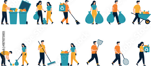 People cleaning environment vector set with volunteers collecting trash, recycling waste and eco activities in flat modern illustration style isolated on white background