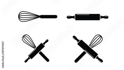 Black and white illustration of baking tools whisks and rolling pins