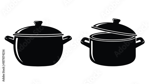 Two black cooking pots one closed and one with an open lid