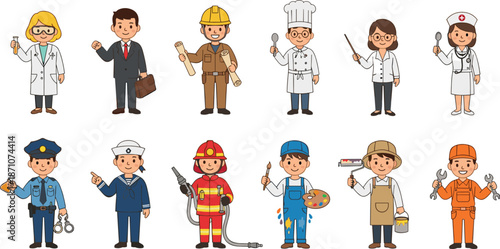 Professional occupations vector set with doctor, chef, builder, firefighter, police officer, artist and nurse characters in flat cartoon illustration style isolated on white background