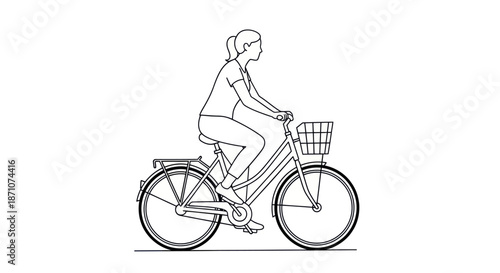 Line drawing of a woman riding a bicycle with a basket.