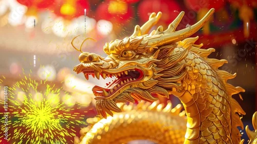 Shining Golden Dragon and Fireworks for Chinese New Year Celebration;chinese dragon statue in temple