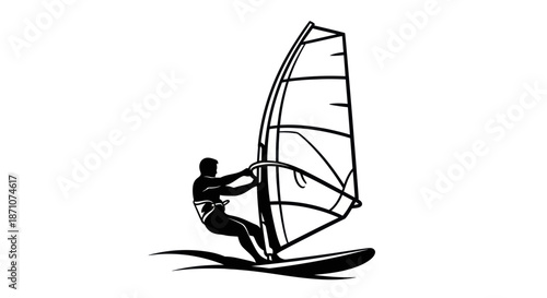 Silhouette of a windsurfer on a board with a sail.