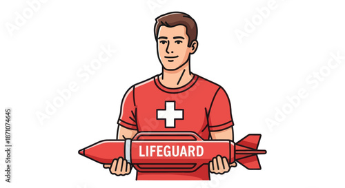 Cartoon Lifeguard Holding a Red Rescue Torpedo Buoy.