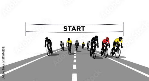 Cyclists Racing Towards Start Line on Asphalt Road.