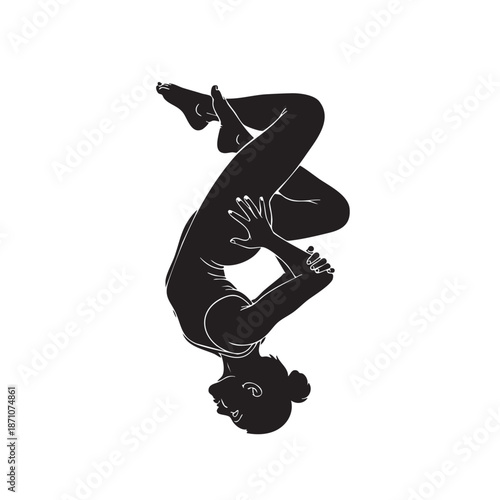 Yoga pose silhouette woman performing inverted pose vector illustration black outline isolated white background female yogi practicing flexibility balance.