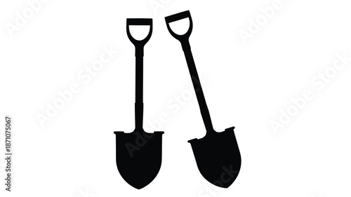 Two black silhouettes of garden shovels against a stark white background