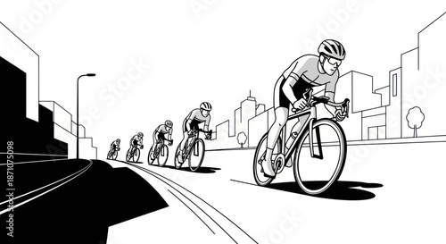 Cyclists racing on a city street in a dynamic black and white illustration.