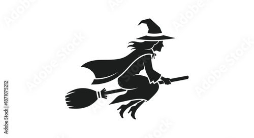 Silhouette of a Witch Flying on a Broomstick Wearing a Pointed Hat and Cape.