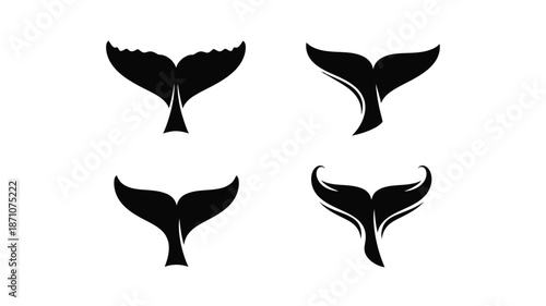 Silhouettes of whale tails showcasing diverse fin shapes and marine life