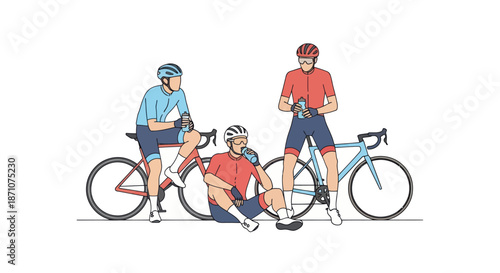 Three Cyclists Resting with Road Bikes After Workout.