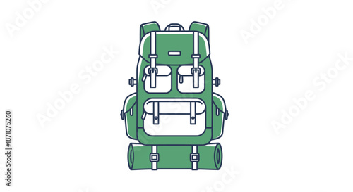 Green Backpack with Multiple Pockets and Straps Isolated.