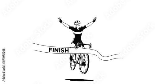 Cyclist Crossing Finish Line with Arms Raised in Victory.
