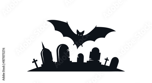 Silhouette of a bat flying over a graveyard with tombstones and crosses.