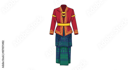 Traditional Red and Blue Ethnic Attire with Ornate Gold Accents.
