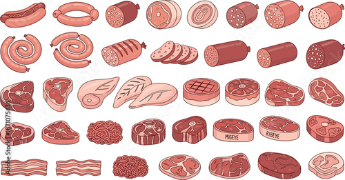 Raw meat and sausage cuts illustration set featuring beef, pork, bacon, steaks, minced meat, and butcher products for food design and culinary concepts