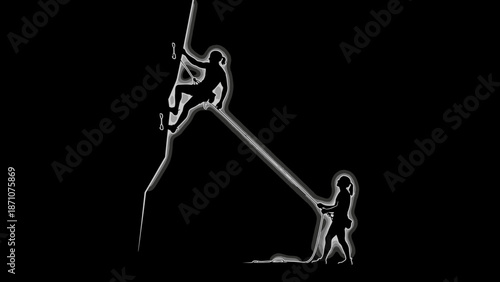 Climbing Adventure, Rock Climbers, Mountain Peak, Illustration, Night, Side View, Teamwork