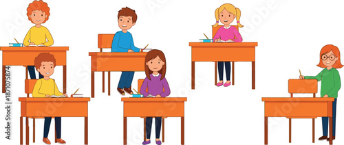 School children studying at desks vector illustration with students writing and learning in classroom environment in flat cartoon style isolated on white background