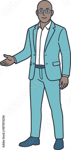 Diverse Businessman Standing Full Body Explaining or Presenting Flat Vector Illustration
