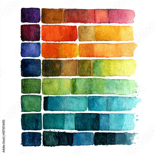 Colorful watercolor paint swatches on paper.