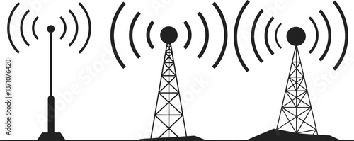 Communication signal towers, radio antennas, wireless network icons, broadcasting technology, telecom infrastructure, data transmission, internet connectivity, black vector illustration
