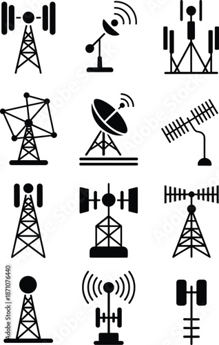 Communication towers and antennas icons set, satellite dishes, radio towers, wireless signal symbols, telecommunication infrastructure silhouettes, 