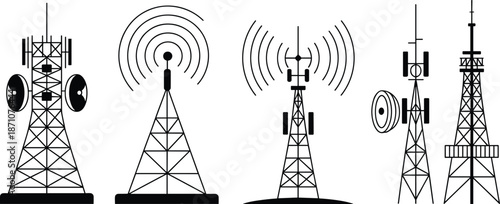 Communication towers, radio signal transmission, wireless antennas, telecom infrastructure, broadcasting antennas, signal waves, cell tower icons, telecommunication network system