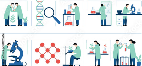 Scientific research laboratory vector set with scientists, chemistry experiments, DNA analysis, microscope studies and medical innovation concepts in flat modern illustration style
