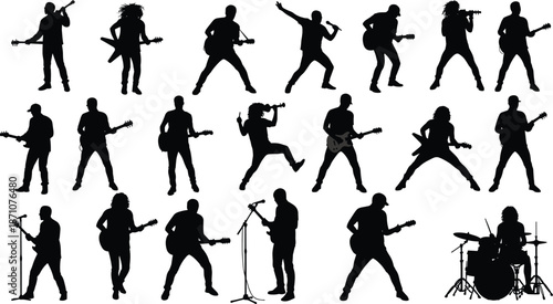 Comprehensive collection of dynamic rock star and musician silhouettes in various poses, playing guitars, drums, and singing, perfect for illustrating live 