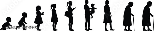 Comprehensive human female life stages depicted in silhouette, from infancy to old age, illustrating growth, motherhood, and the aging process, ideal for generational and lifecycle concepts