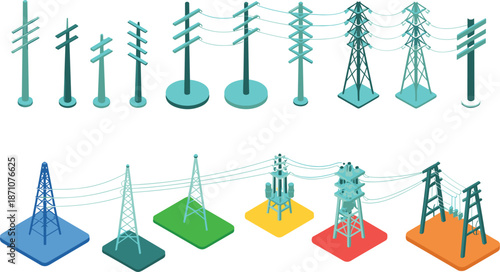 Isometric electrical infrastructure icons set, power poles pylons transformers, electricity transmission and distribution network, utility grid elements, vector illustration