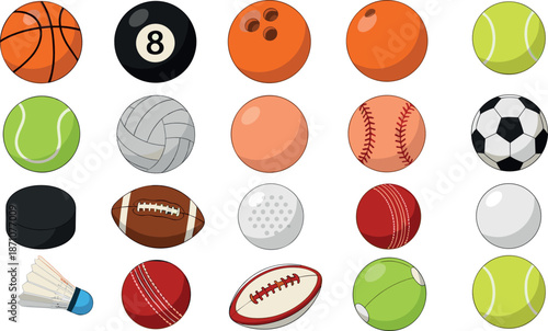Sports balls vector set with basketball, soccer, tennis, baseball, cricket, rugby and billiard balls in flat cartoon illustration style isolated on white background