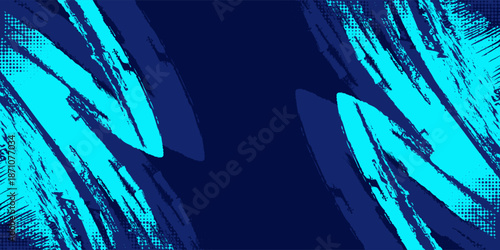Dark blue abstract background featuring expressive red and cyan paint brush strokes with halftone dot textures and a street-style aesthetic