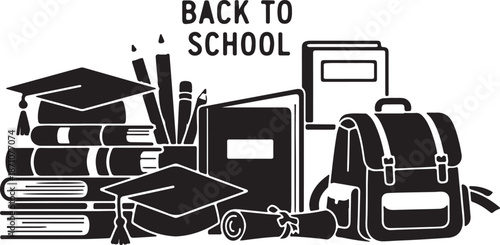 Black and white back to school with books backpack and graduation caps pencils